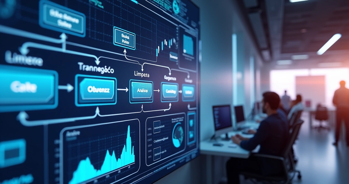 Painel digital exibindo pipeline de dados ETL com gráficos e fluxos coloridos 