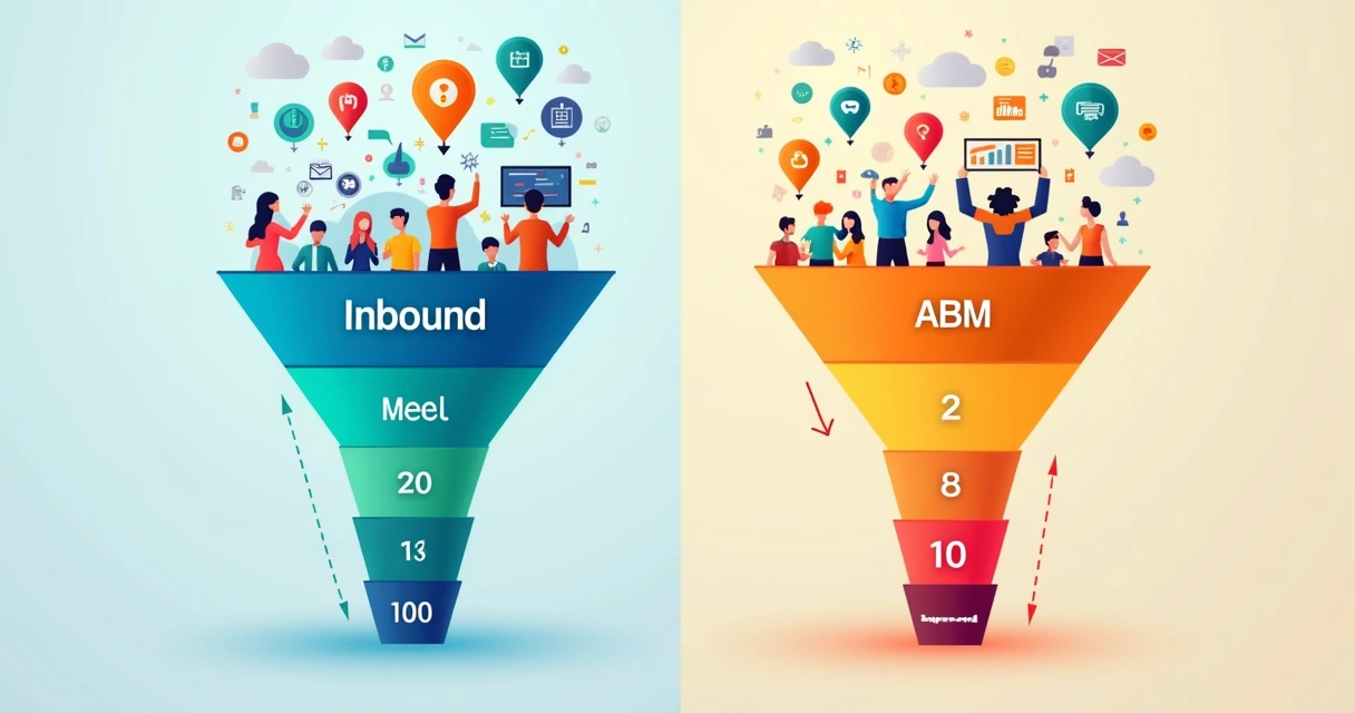 Ilustração de dois funis, um amplo para inbound e um estreito e profundo para ABM 