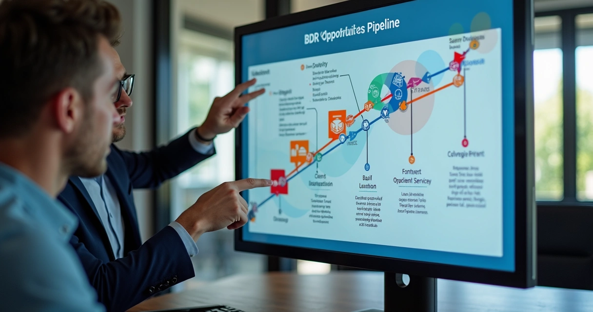 Fluxo visual colorido de pipeline de oportunidades de BDR em tela digital. 