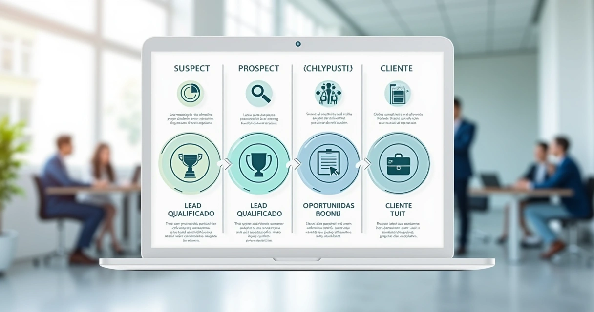 Representação visual de um pipeline digital com nomes de etapas e ícones de negócios 