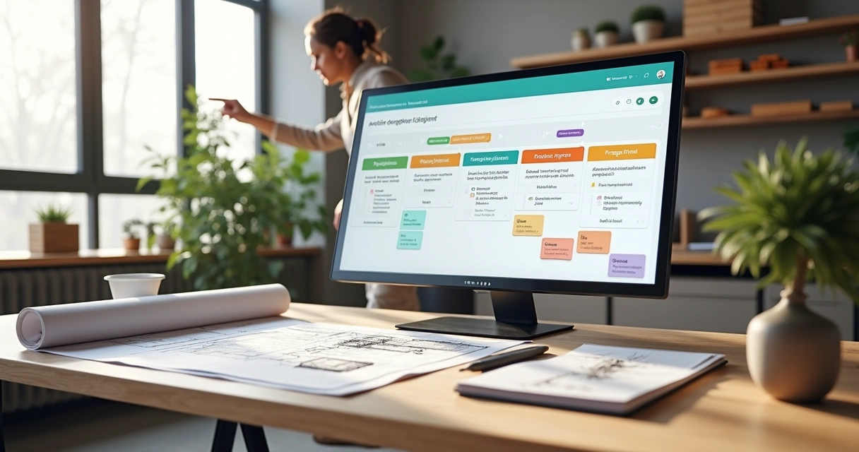 Profissional de arquitetura organizando pipeline de projetos em tela com etapas visuais 