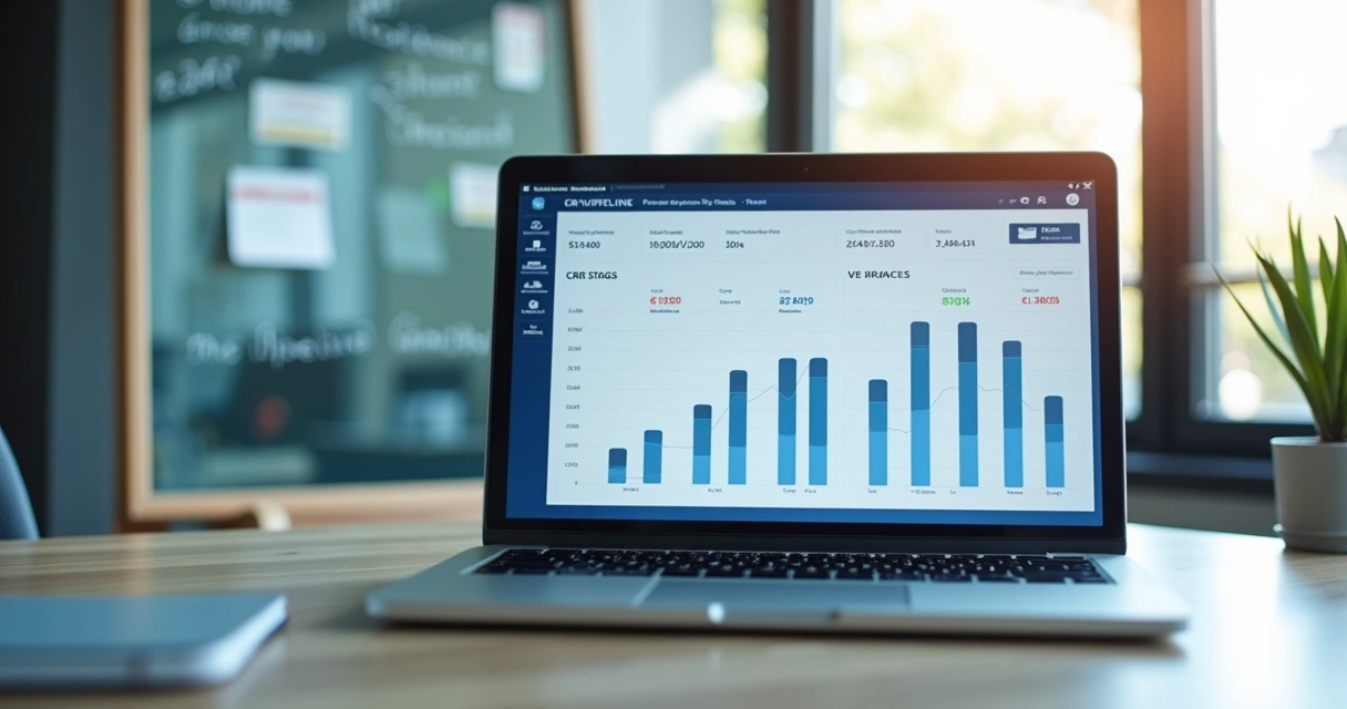 CRM pipeline stages displayed on a laptop and glass board