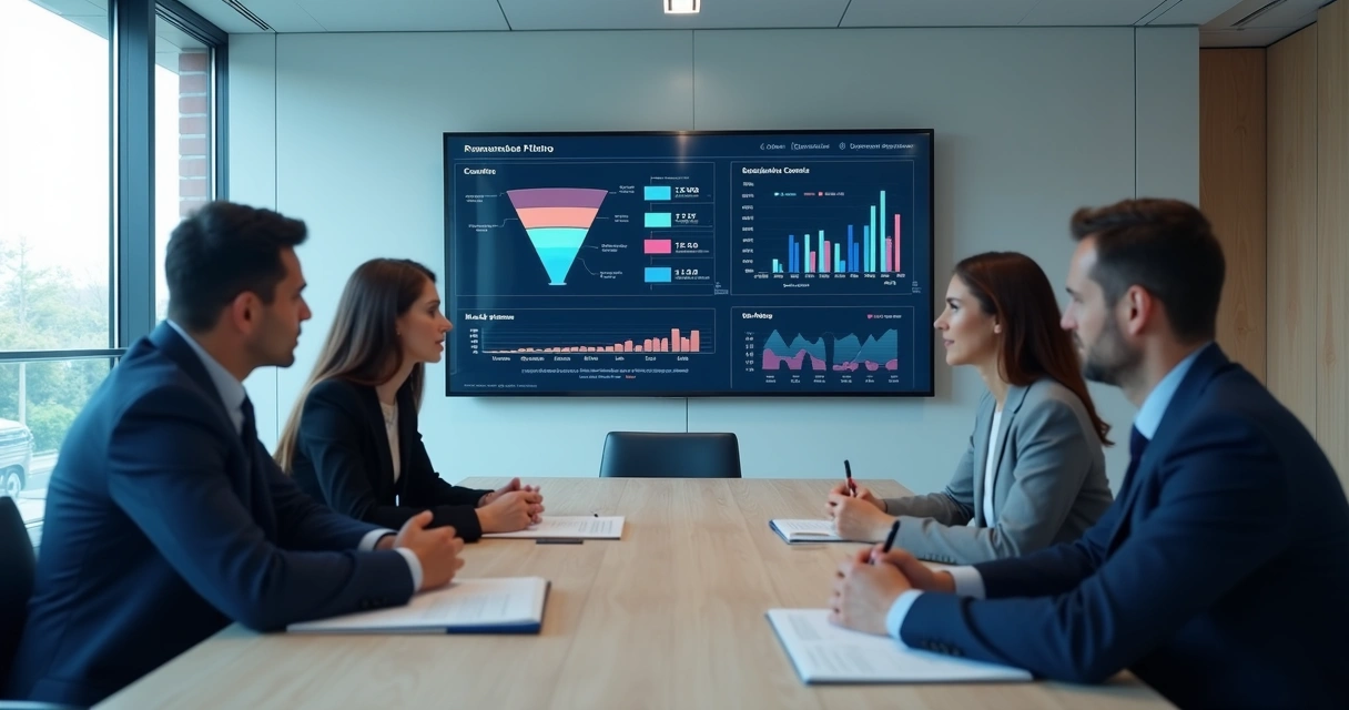 Painel comercial com funil de vendas e indicadores em reunião 