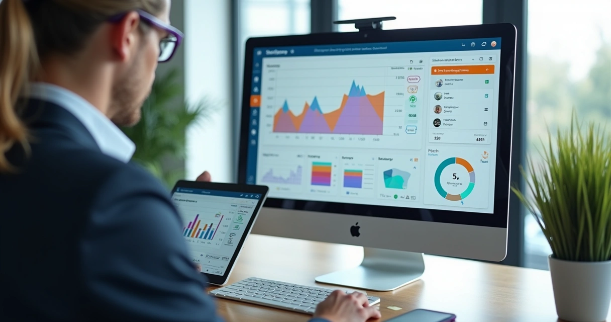 Tela digital mostrando pipeline de vendas automatizado com gráficos e integração de CRM, WhatsApp e Instagram 