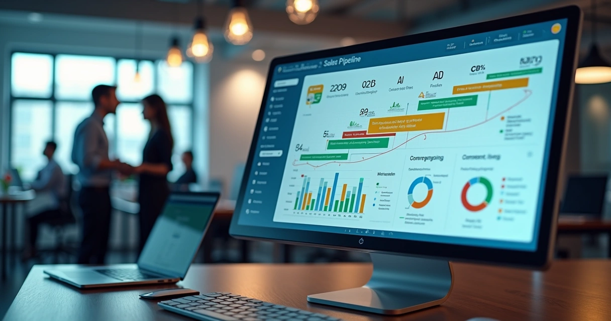 Fluxo de pipeline de vendas B2B com etapas, automação e gráficos de desempenho em tela de computador 