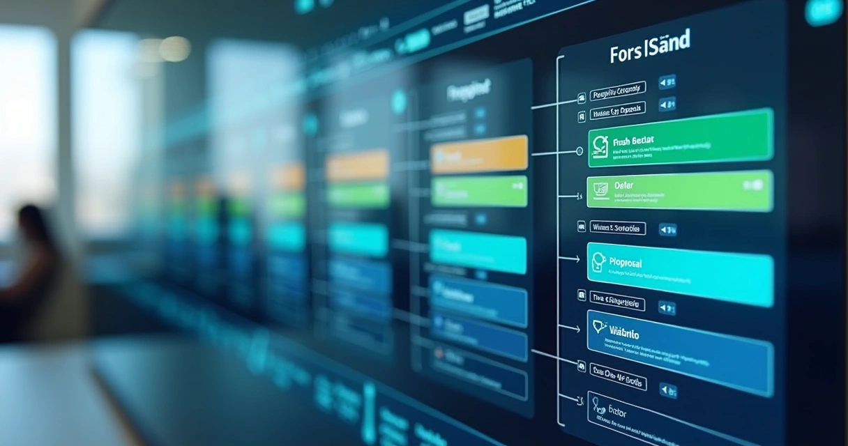 Tela de funil de vendas B2B com listas segmentadas por cores