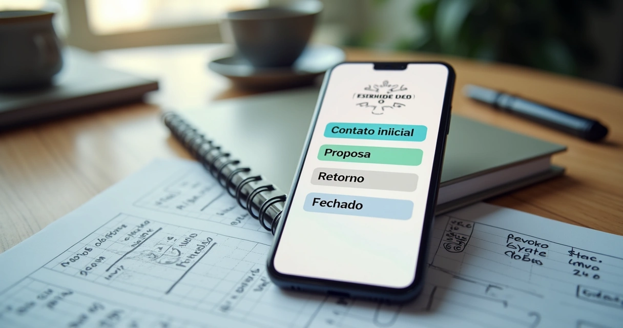 Pipeline de vendas em celular sobre mesa de trabalho 