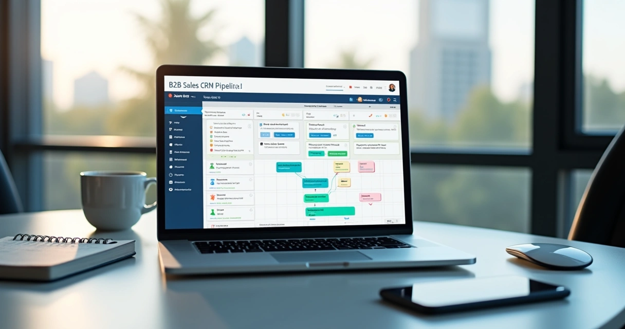 Sales pipeline on screen with stages and sales metrics