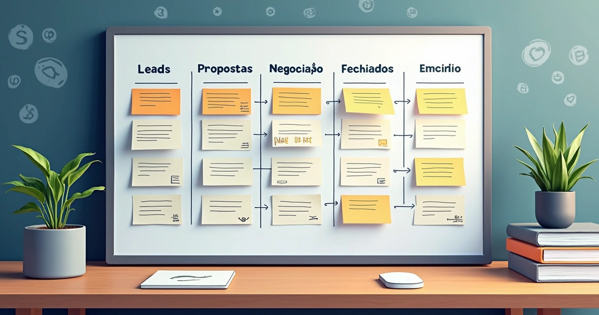 Quadro de funil de vendas com cartões de clientes em etapas diferentes 