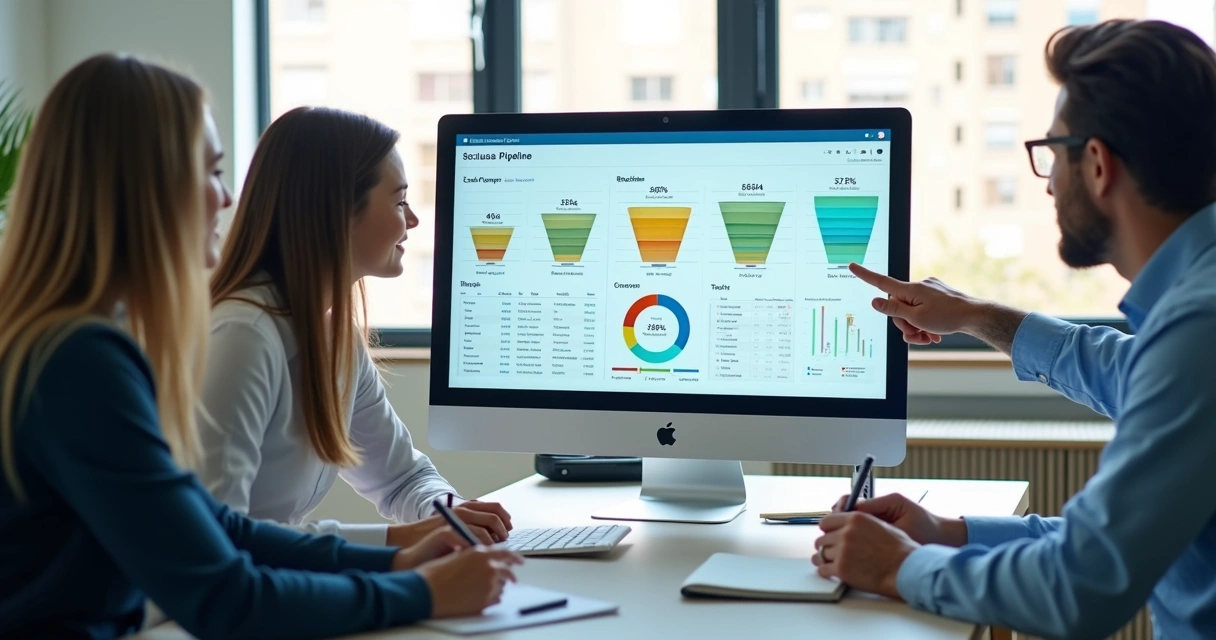 CRM dashboard with sales pipeline and indicators on screen