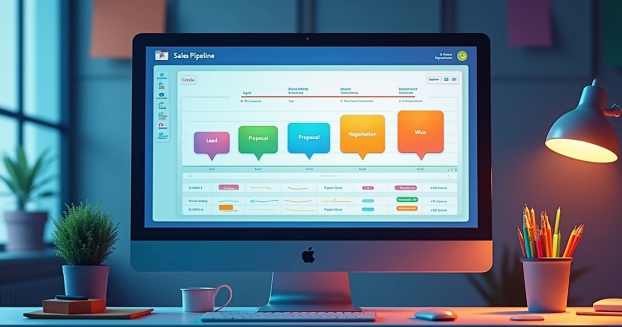 Ilustração de pipeline de vendas colorido em um monitor de CRM