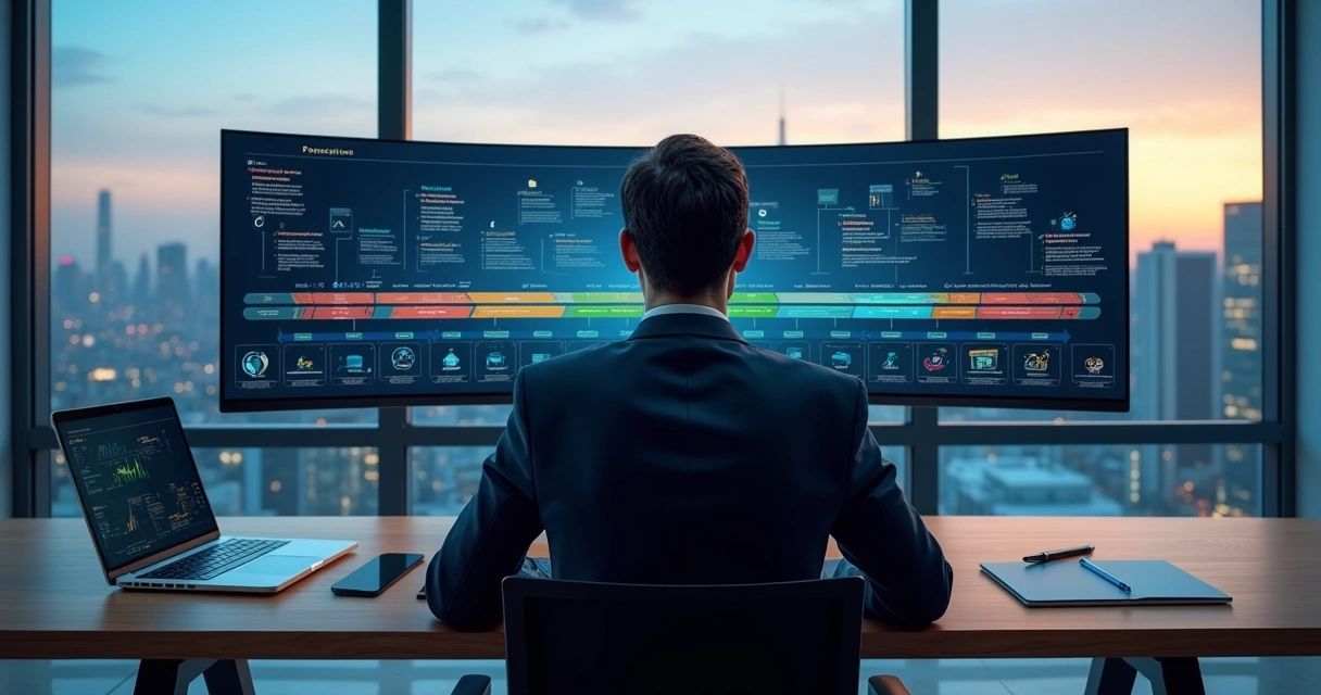 Gestor analisando pipeline integrado de vendas e dados em painel digital 