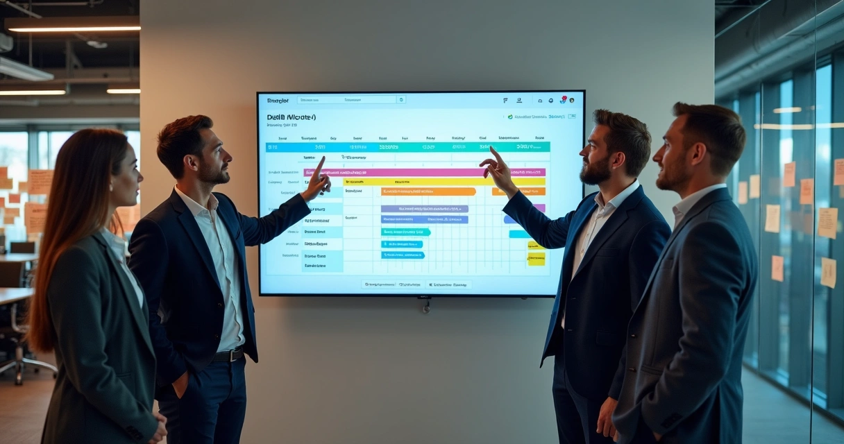 Equipe analisando pipeline de vendas em tela digital 