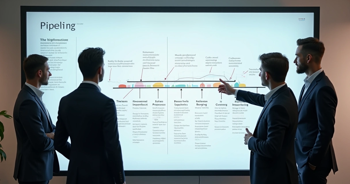 Pipeline de vendas desenhado em quadro branco sendo analisado por time