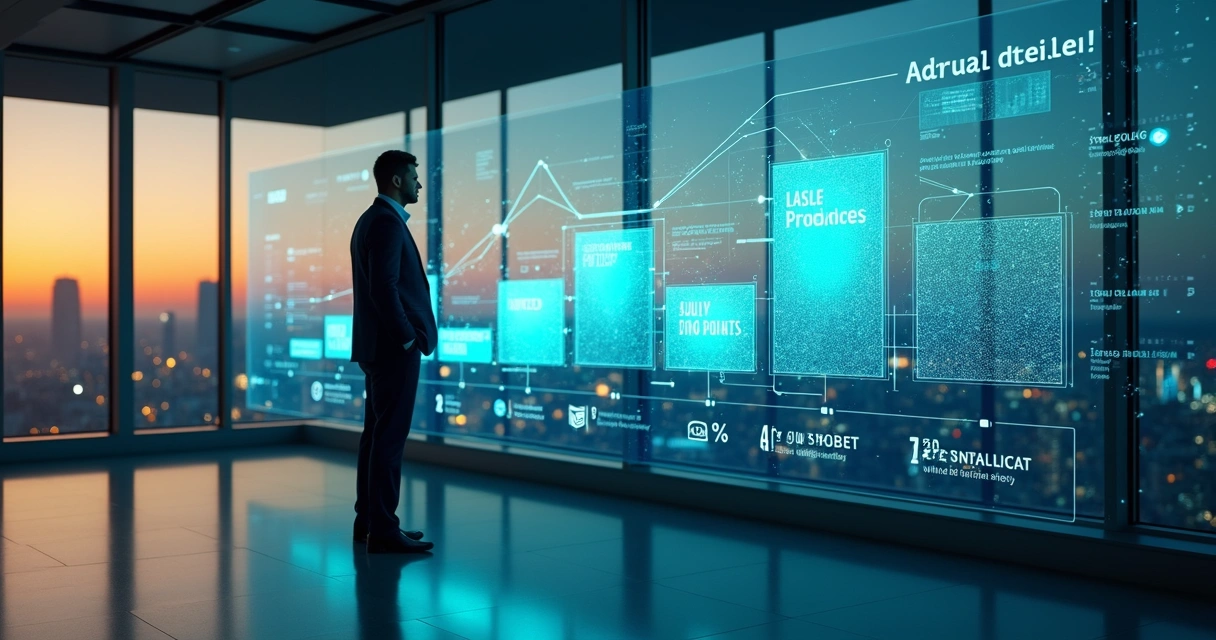 Executivo analisando painel digital com pipeline de vendas e inteligência artificial 