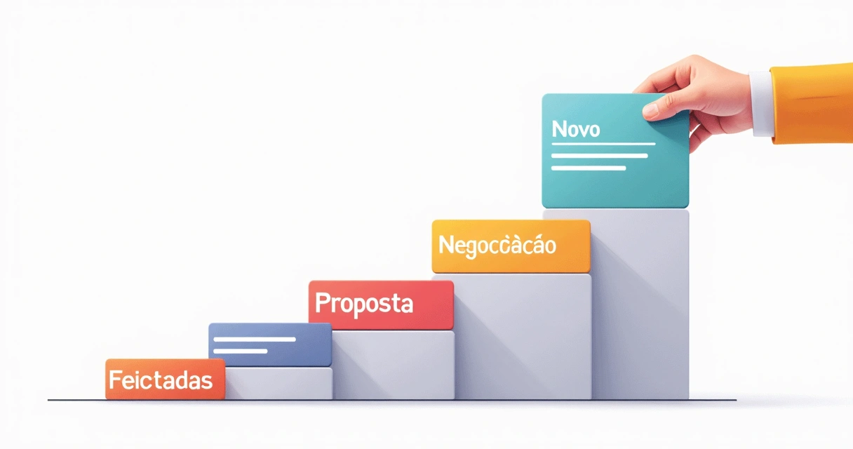 Desenho mostrando pipeline de vendas com cartões em colunas 