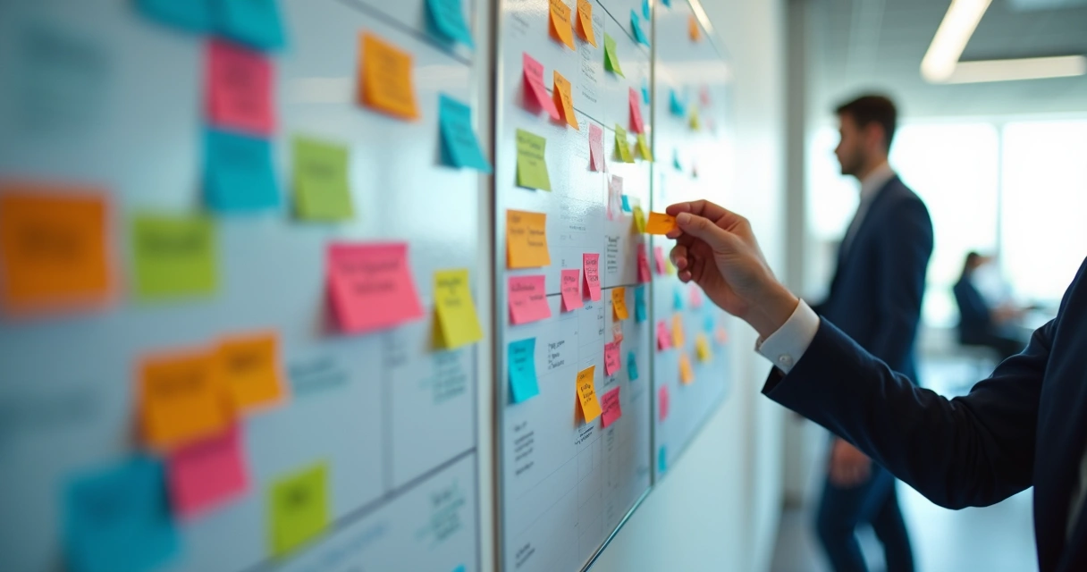 Quadro kanban de vendas com cartões coloridos ilustrando oportunidades 