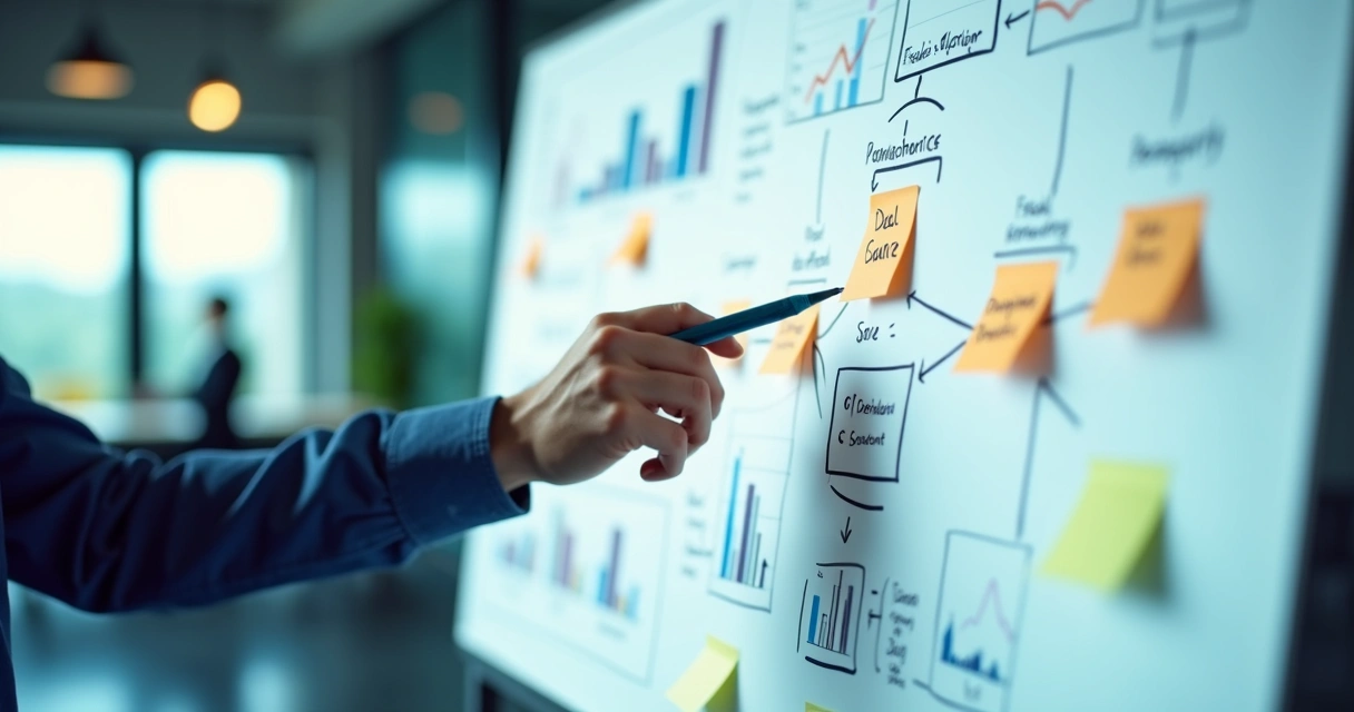 Layout de etapas de vendas em um quadro visual com setas 