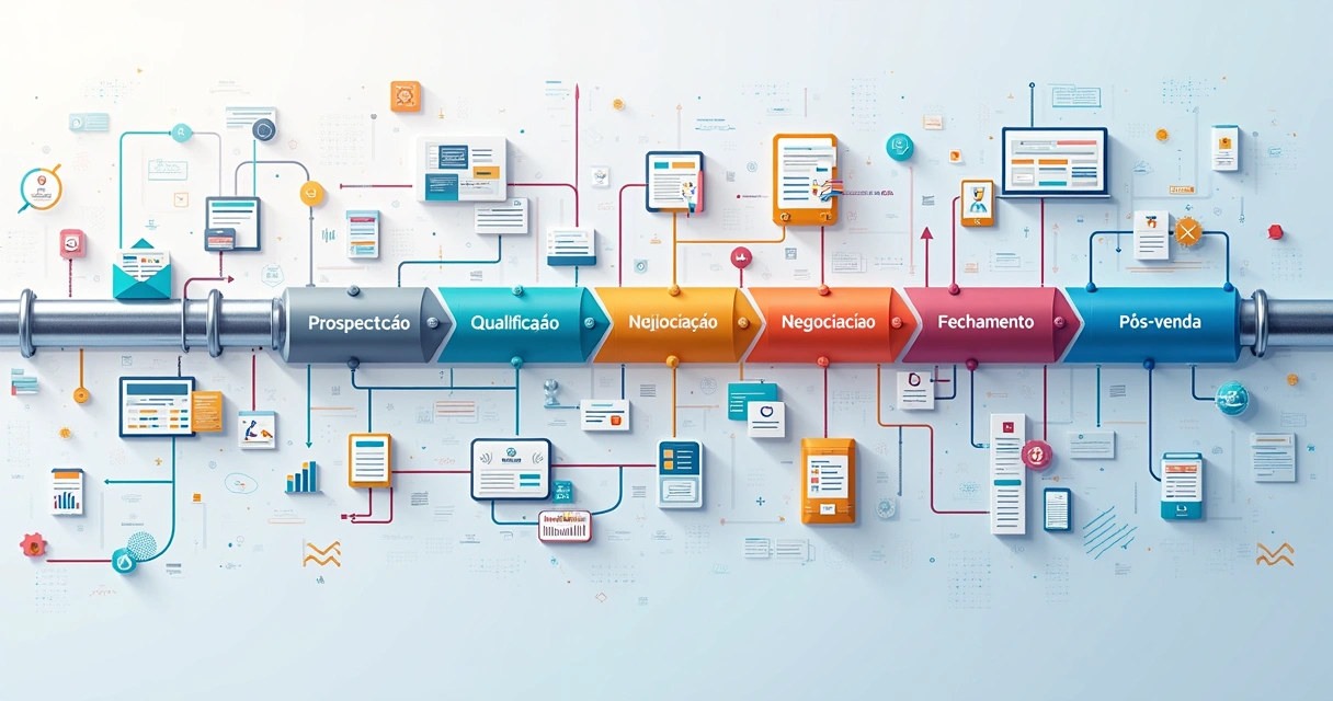 Fluxo visual de um pipeline de negócios com etapas conectadas 