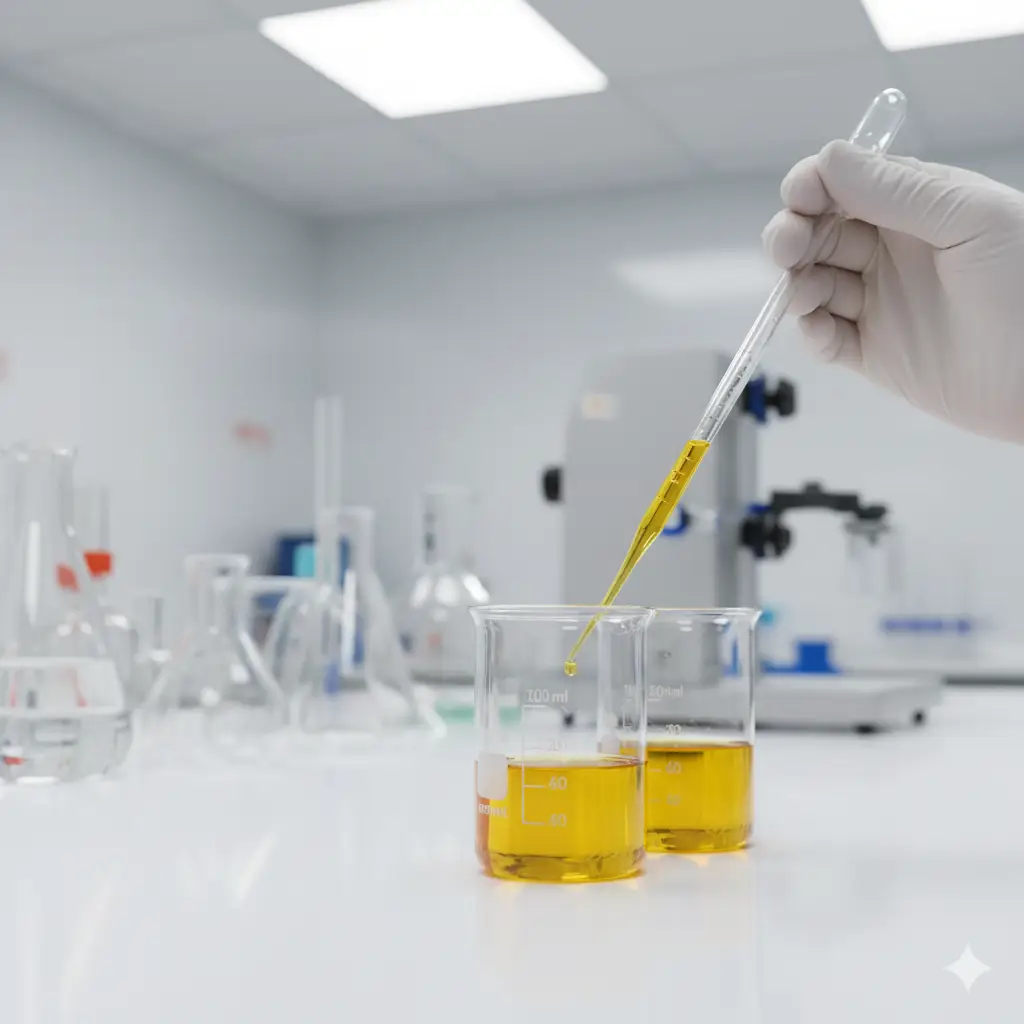 Mão com luva segurando pipeta para transferir líquido amarelo em béquer