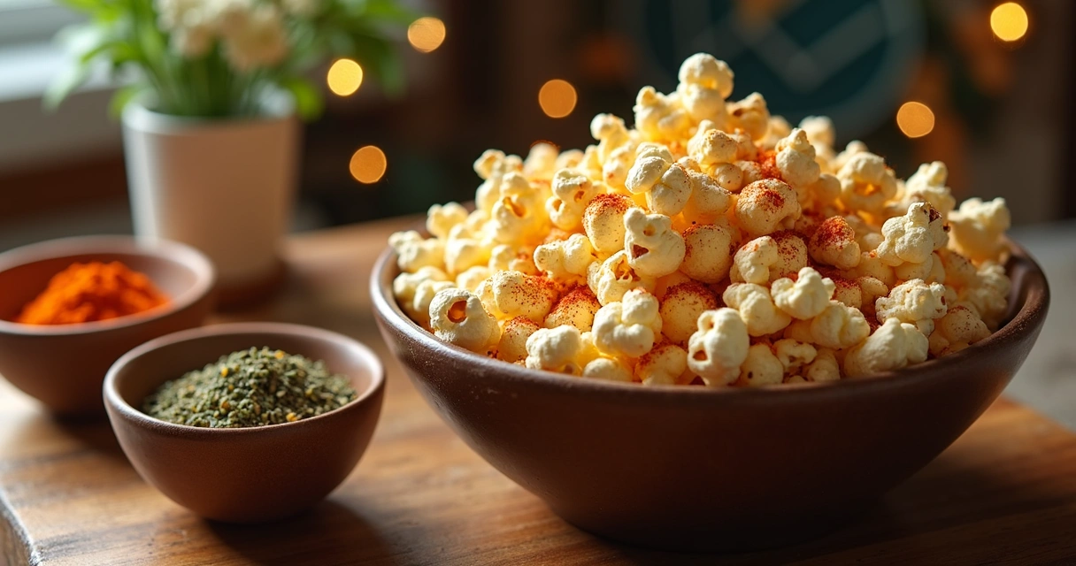Pipoca saudável em bowl branco com temperos naturais ao redor