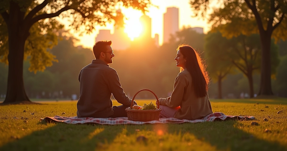 Casal fazendo piquenique no Central Park ao entardecer 