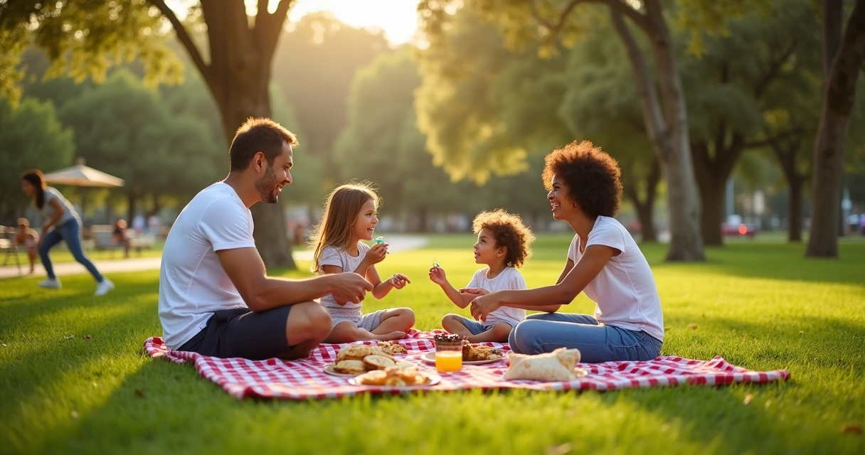 Família brasileira fazendo piquenique com crepes em parque de Orlando 