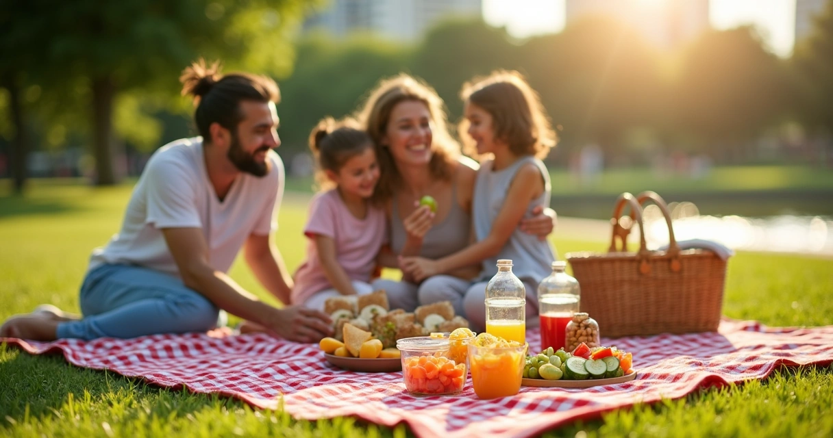 Família brasileira em piquenique com lanches saudáveis sobre toalha xadrez no parque 