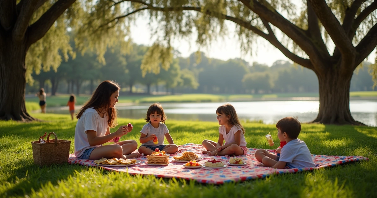 Família fazendo piquenique em parque verde de Orlando 