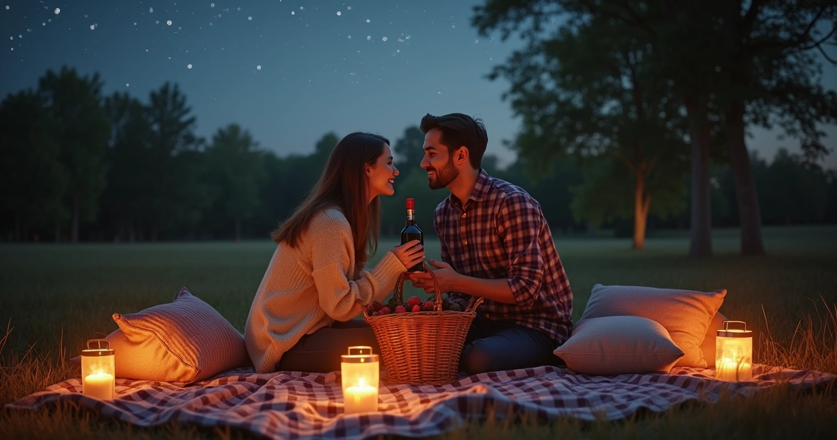 Casal faz piquenique noturno sob estrelas 