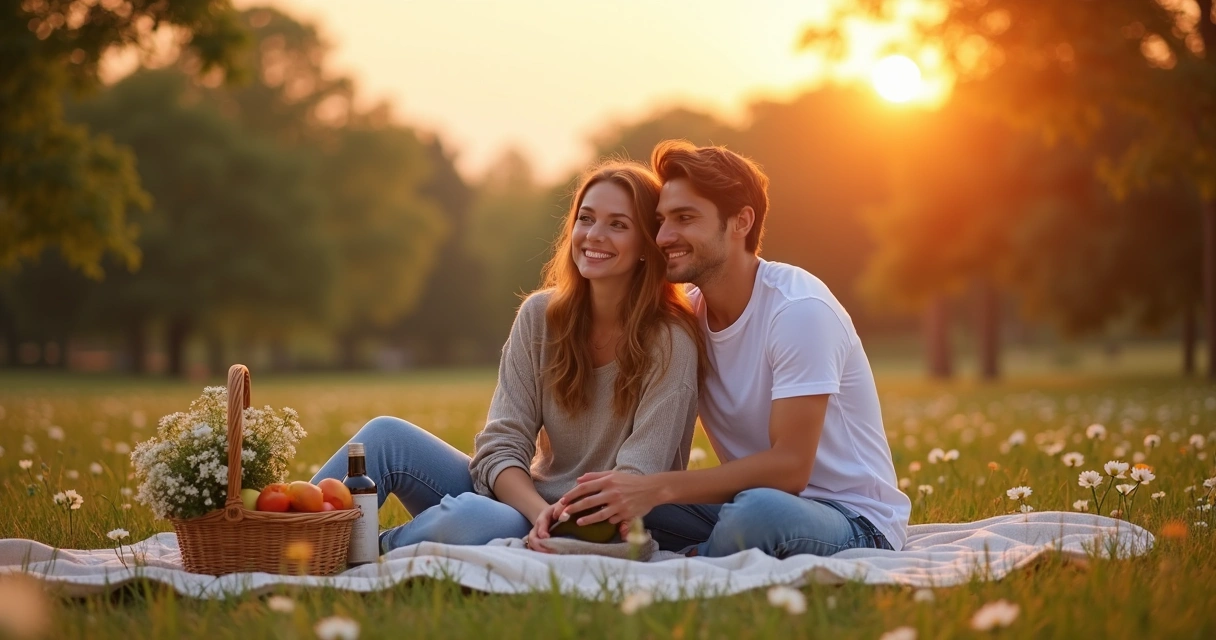 Casal em piquenique romântico em parque no pôr do sol