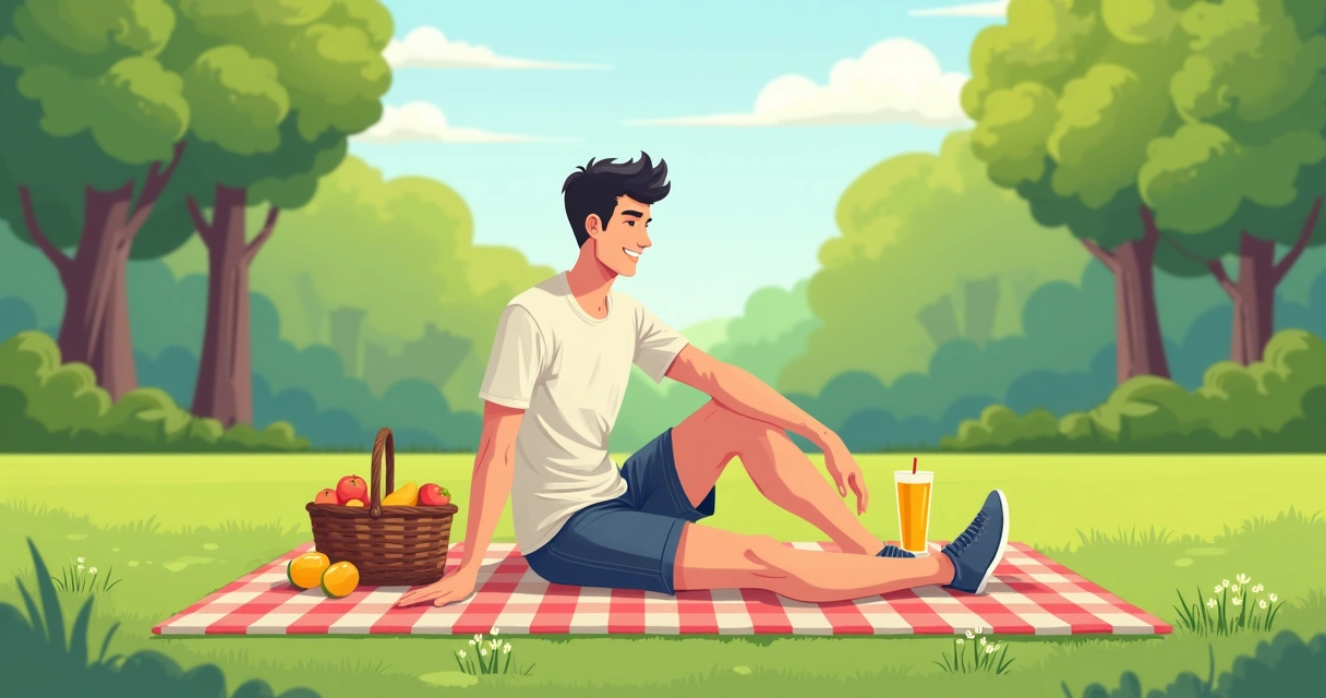 Homem com camiseta e bermuda em piquenique no parque