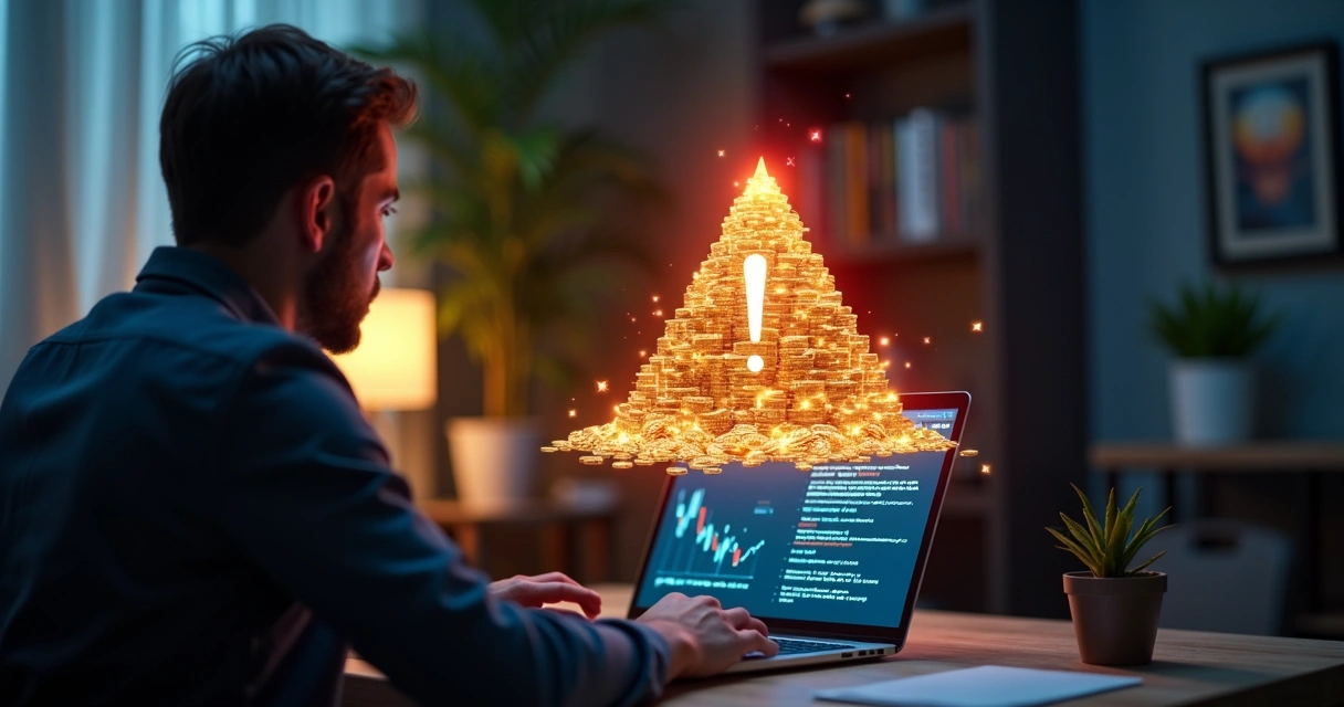 Homem analisando pirâmide financeira brilhante com sinal de alerta vermelho 