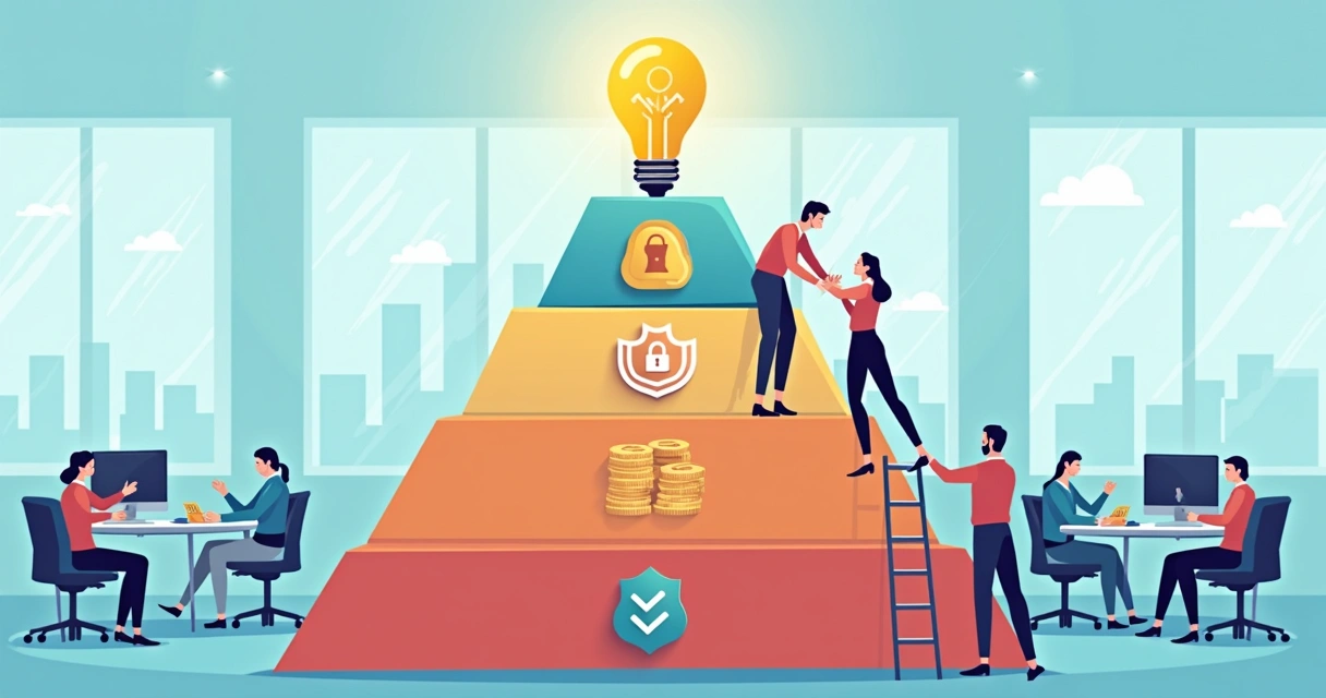 Pirâmide de Maslow aplicada a empresas, com ícones representando necessidades humanas em um escritório 