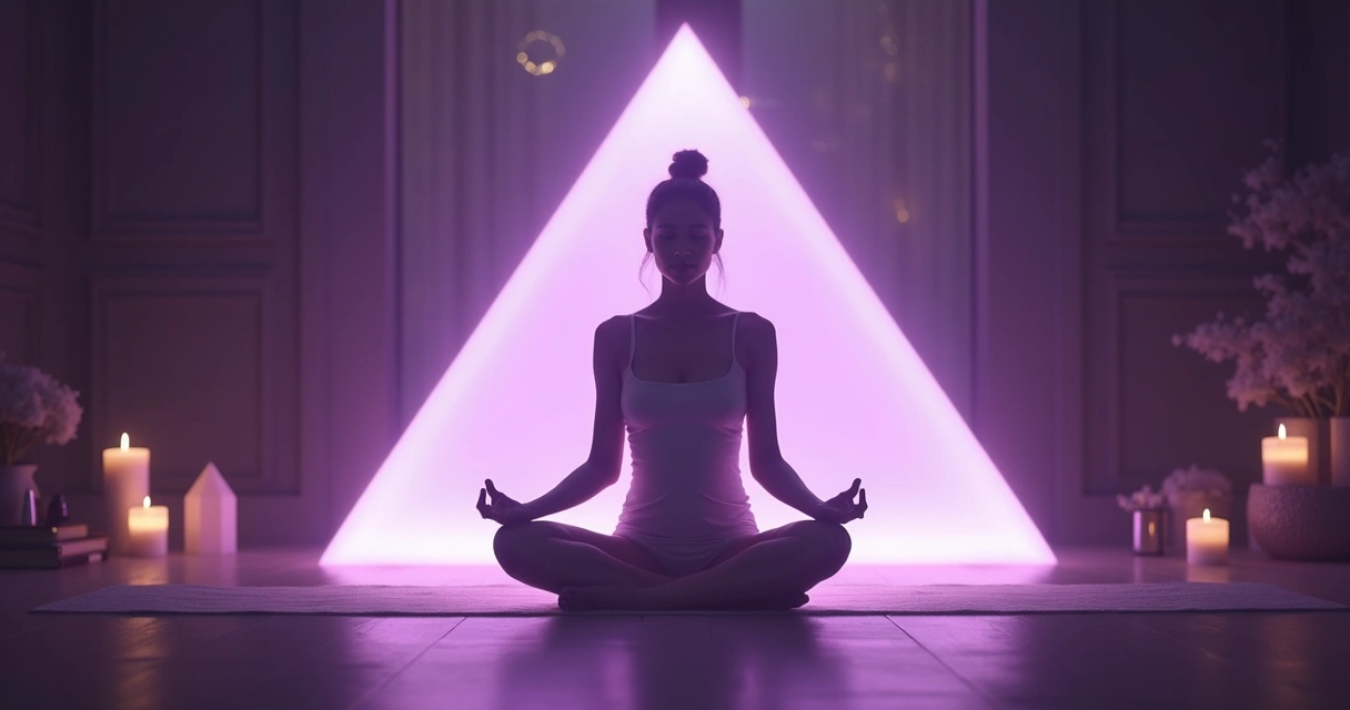 Pessoa meditando envolta por pirâmide violeta luminosa. 