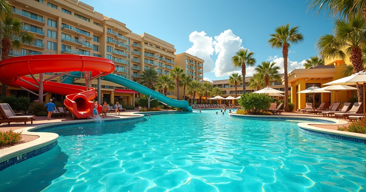 Piscina temática grande com toboágua colorido no Cabana Bay, envolta por espreguiçadeiras e palmeiras 