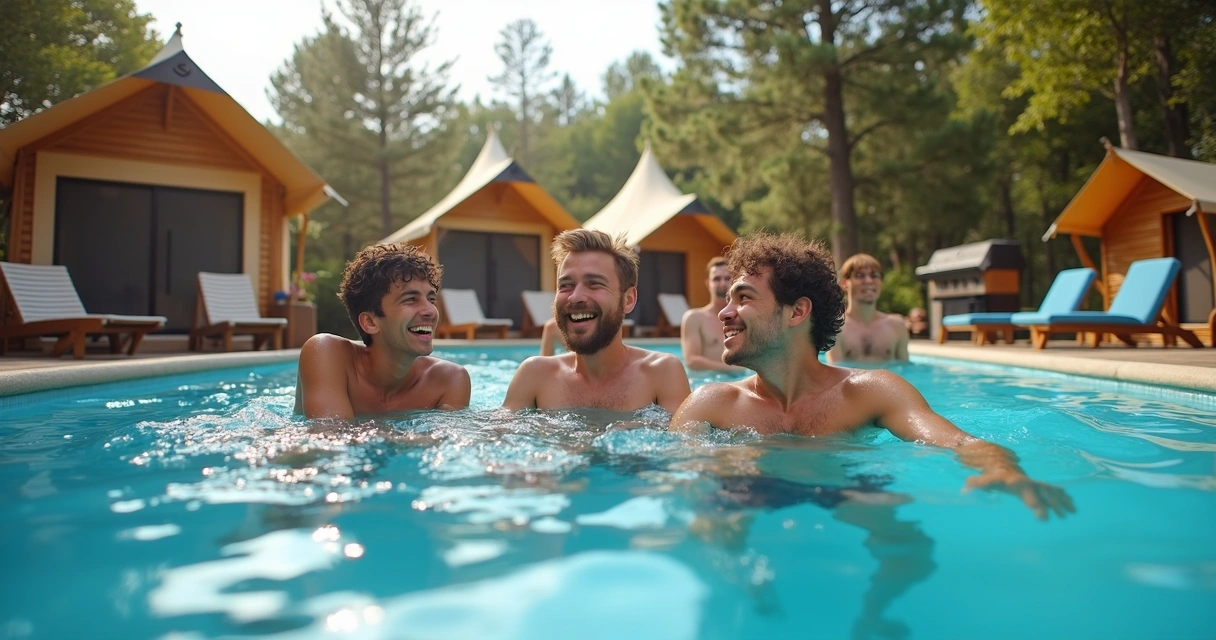 Amigos se divertindo em piscina de camping moderno 