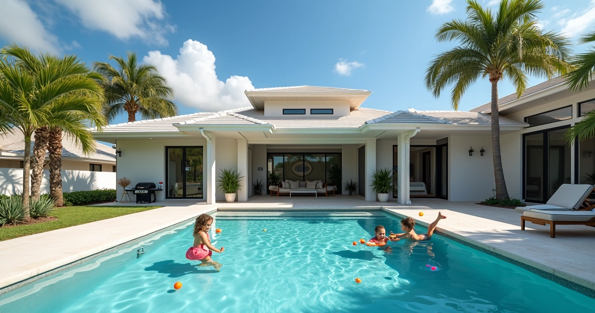 Piscina segura em casa de temporada com cerca protetora e brinquedos infantis 