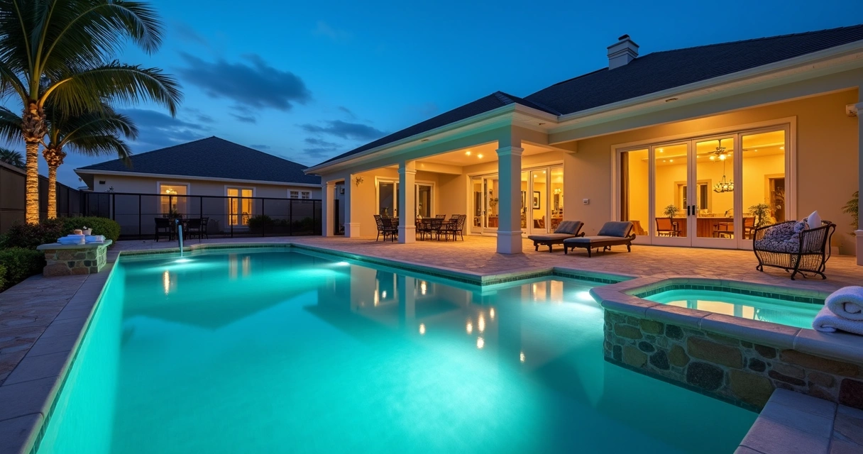 Piscina aquecida iluminada em casa de temporada em Orlando à noite 