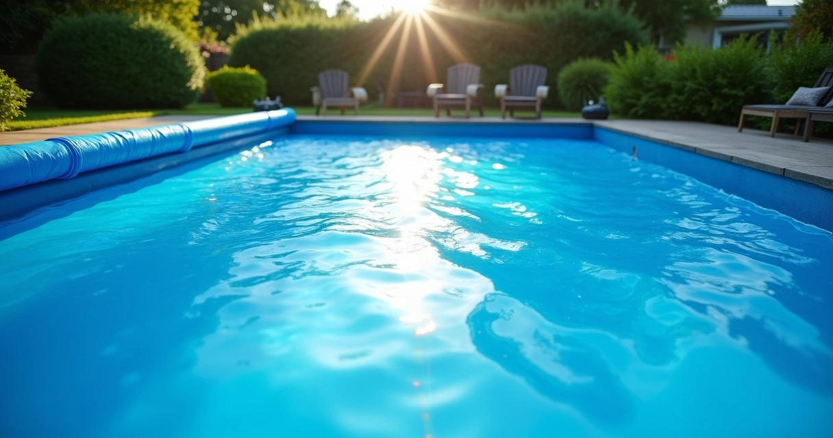 Piscina com capa protetora azul esticada 