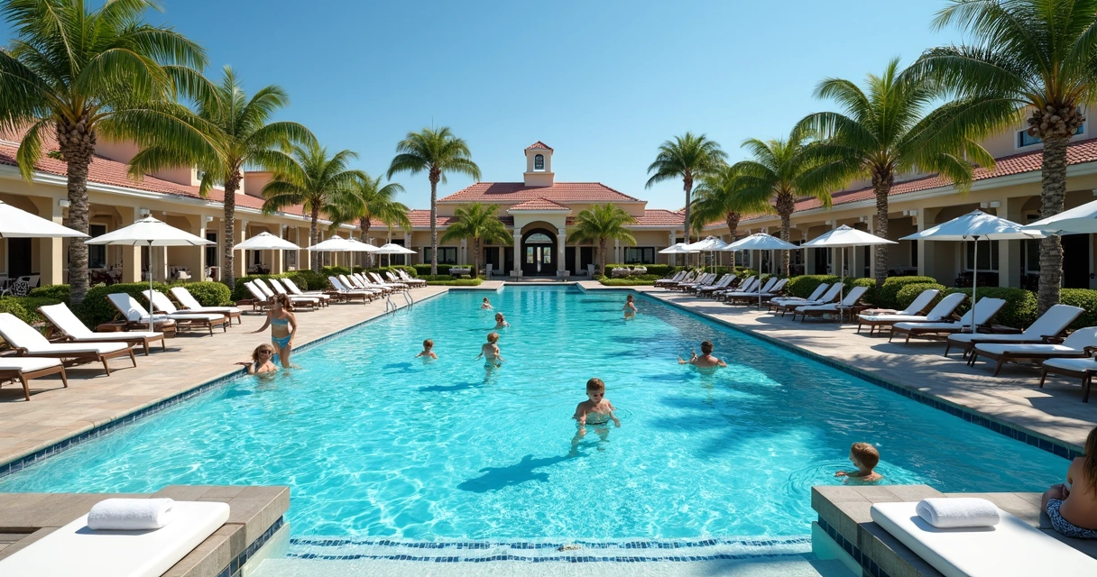 Piscina de resort com espreguiçadeiras em condomínio de luxo