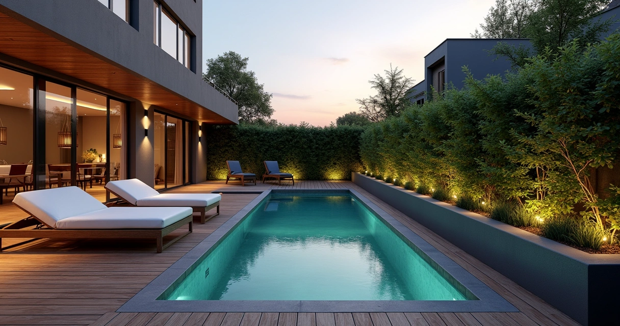 Deck com piscina pequena e espreguiçadeiras