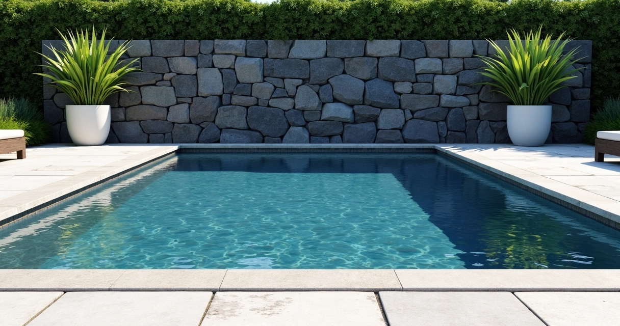 Piscina com borda de quartzito e parede de basalto 