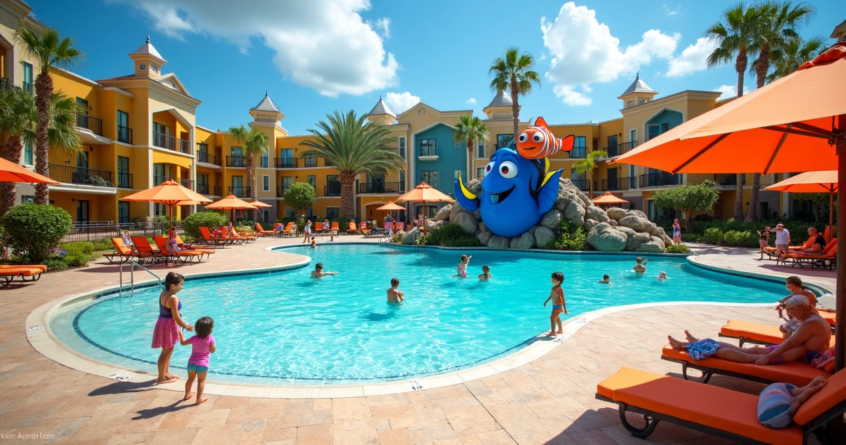 Piscina temática Disney Art of Animation com esculturas de personagens animados