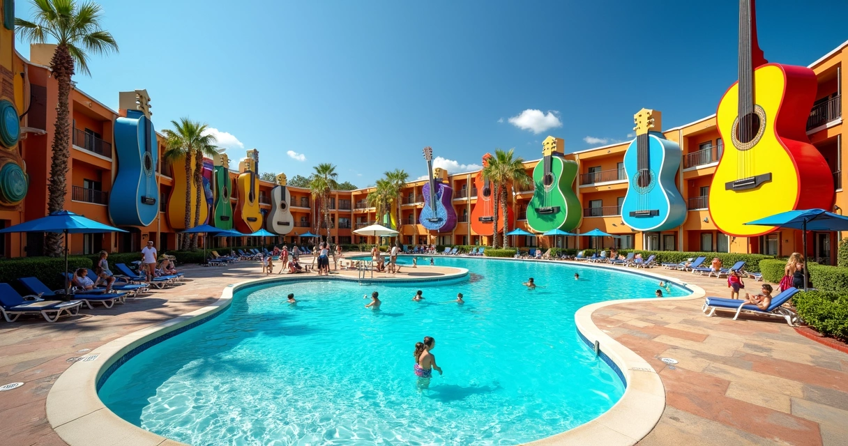 Piscina em formato de guitarra no hotel All-Star Music Disney 