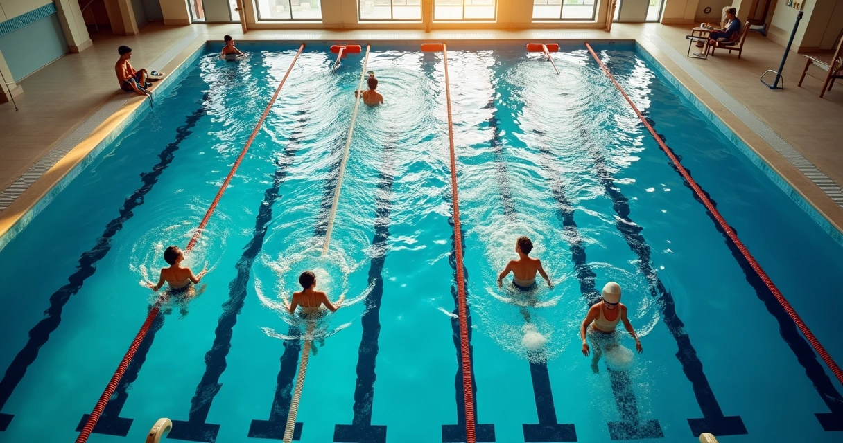 Vista do alto de piscina semiolímpica com algumas raias ocupadas e outras vazias 