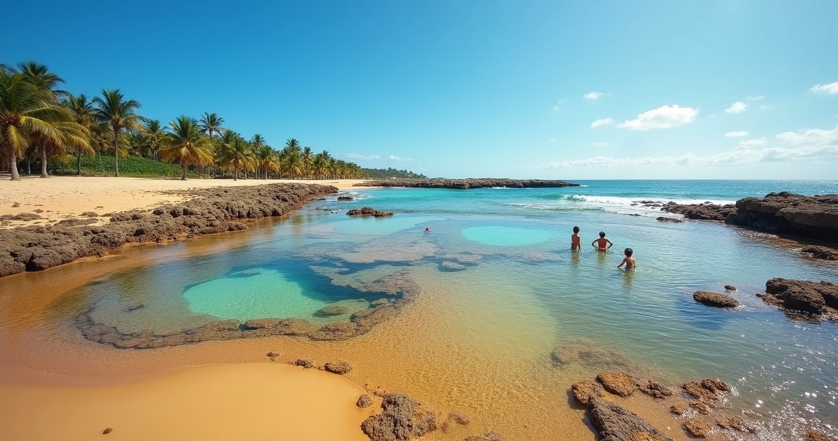 Piscinas naturais formadas por recifes em praia de Ilhéus 