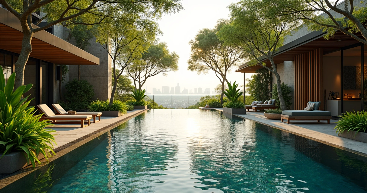 Piscina natural rodeada por vegetação e rooftop com vista da cidade 