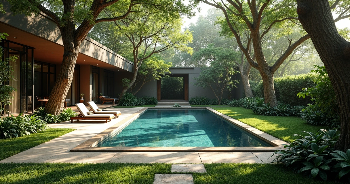 Piscina natural cercada por árvores verdes e luz solar filtrada 