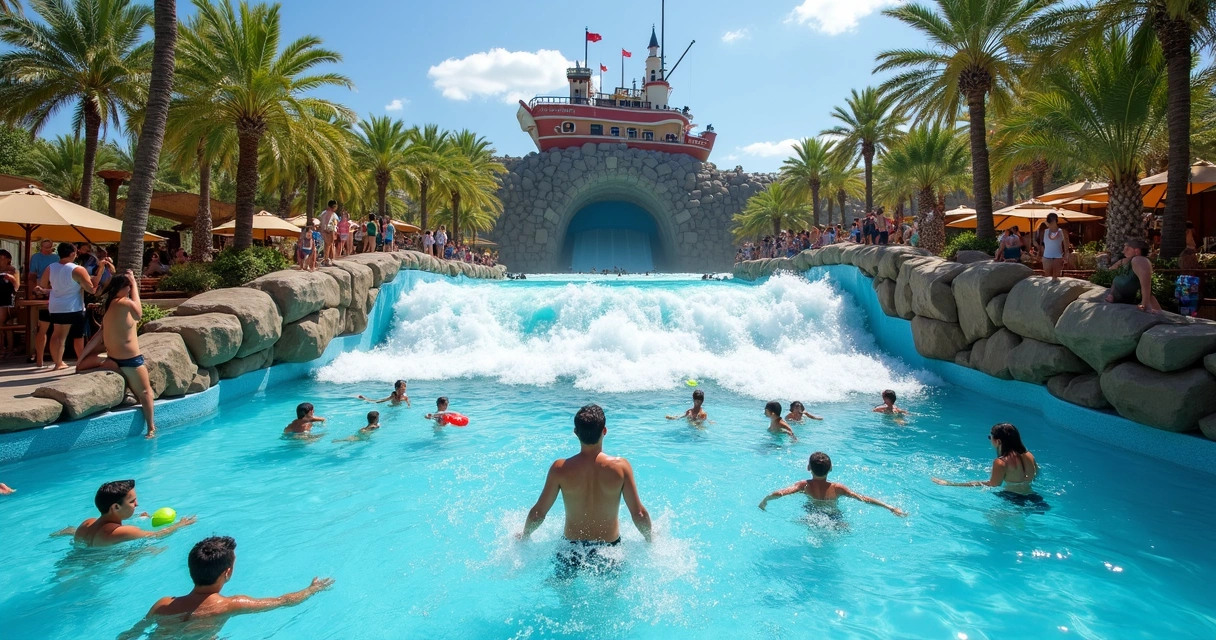 Piscina de ondas com pessoas se divertindo